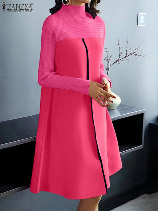 Gracy Women Knitted Dresses Vintage Stand Collar Knee-length Mercygrace Fashion Long Sleeve Dress Stitching Colorblock Line Robes