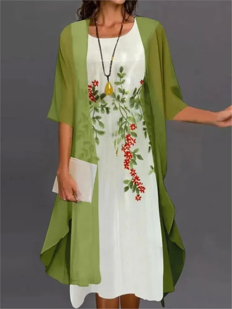 Maxy Summer Elegant Dress Two-piece Set Women Fashion Floral Print Dress For Women Casual Long Cardigan Coat Sun Protection Shirt