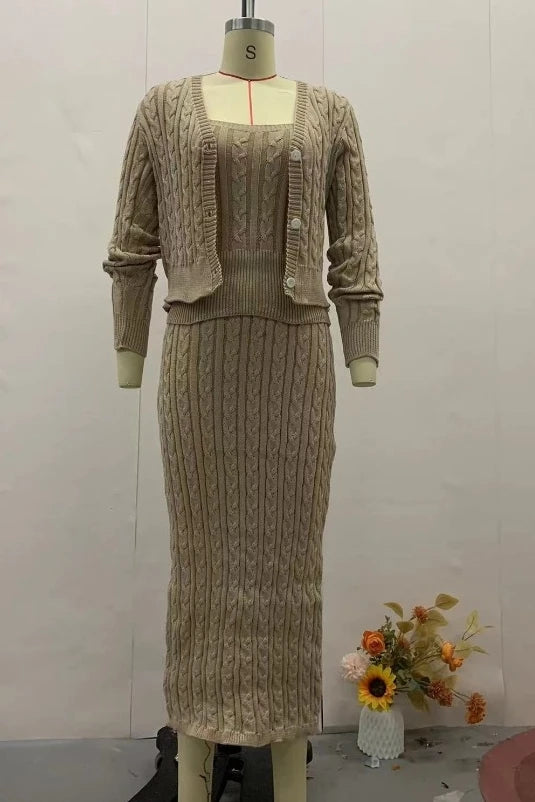 Maxy Elegant Two Pieces Set for Women Outfits Autumn Winter Solid Color Knit V-Neck Cardigan Coat+Slim Fit High Waist Sweater Dress