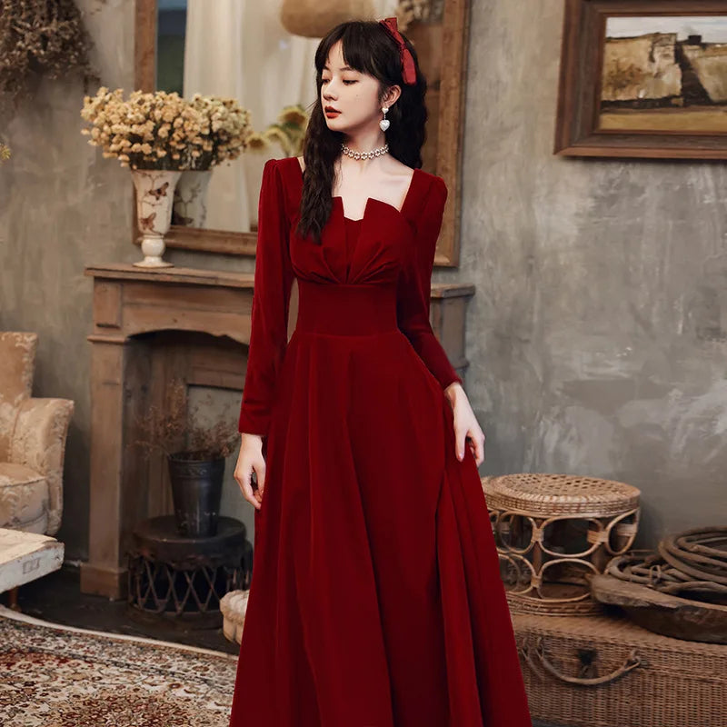 Babs Elegant Long sleeved Office Dress Wine Red Autumn Square Collar A-line Long Skirt Formal Party Wedding Bridesmaid Ball Dress