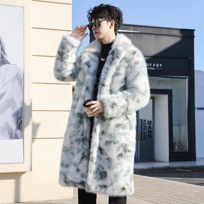 Visco Long Knee Length Faux Fur Coat Turn-down Collar Korea Fashion Contrast Color Long Sleeve Male Tops Jacket 21Z5563