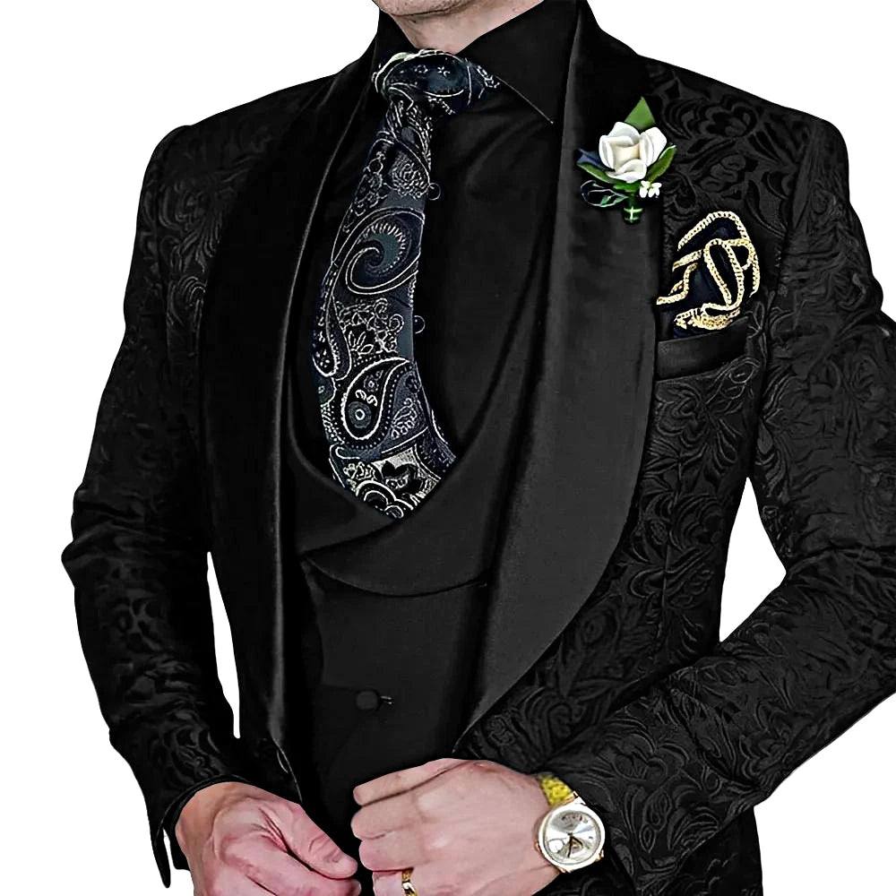 Amay Fashionable Paisley Men's 3-piece Suit Set, Jacquard One Button Blazer, Vest Pants Formal Wedding Party Suits for Men