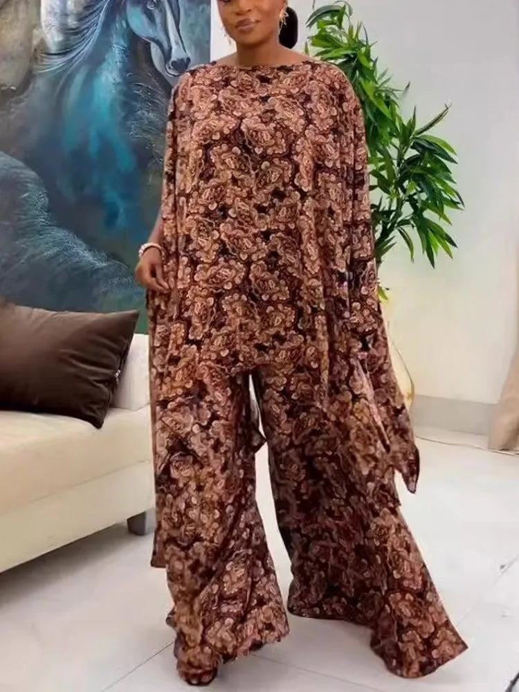 Maxy Two Piece Set Chiffon Africa Clothes For Women African Dashiki Fashion Suit Printed Loose Shawl Top And Wide Leg Pants Suits