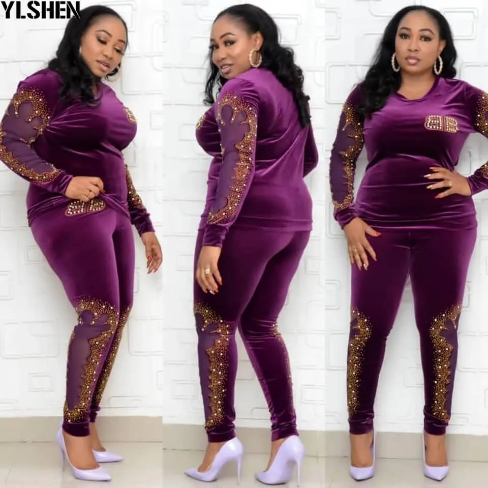 Maxy Sets for Women 2024 Long Sleeve Beading Diamonds African Elastic Bazin Baggy Pants Rock Style Famous Suit Lady