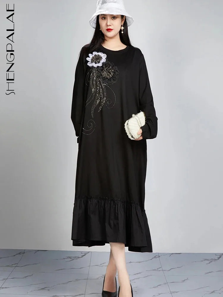 Maxy SHENGPALAE Trendy Embroidered O-Neck Long Sleeve Straight Tube Robe Summer New Versatile Loose Elegant Women's Dress 5C1368