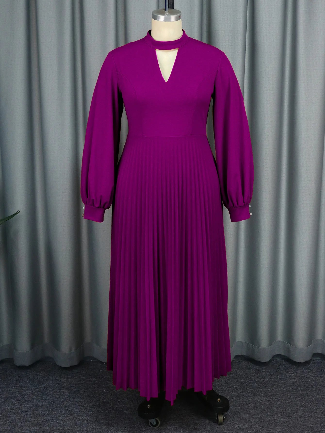 Maxy high-end hollow out small stand up collar party dress autumn lantern sleeve pleated dress