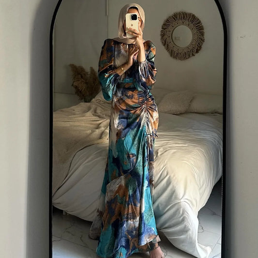 Maxy Women Exotic Floral Printed Muslim Dress Long Skirt with Pleated Waist Spring Fashion Long Sleeve Casual Abayas Dubai Turkey
