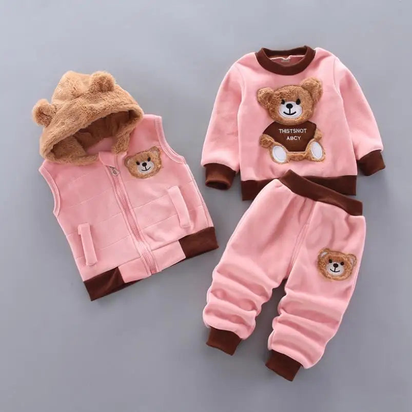 Maxy 2024 New Baby Boys Girls Christmas Cartoon Winter Hooded Plush Warm Vest Coat+Sweatshirt+Pants 3Pcs Infant Children Sports Suit