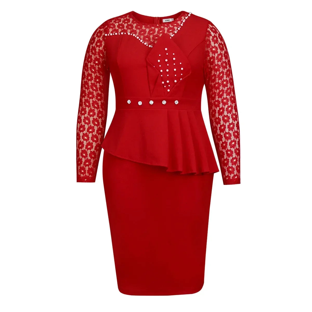 Macy Classy Red Lace Celebrate Party Dress O Neck Beading Long Sleeve Patchwork High Waist Bodycon Wedding Prom Evening Event Gowns