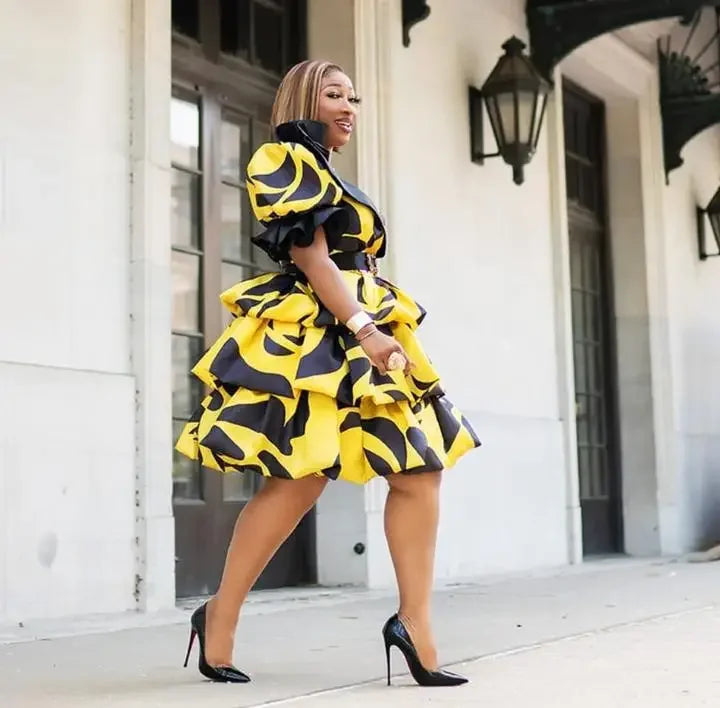 Maxy Polyester Printing Women Short Sleeve Plus Size V-neck Dress African Dresses for Women African Clothes Women S-5XL
