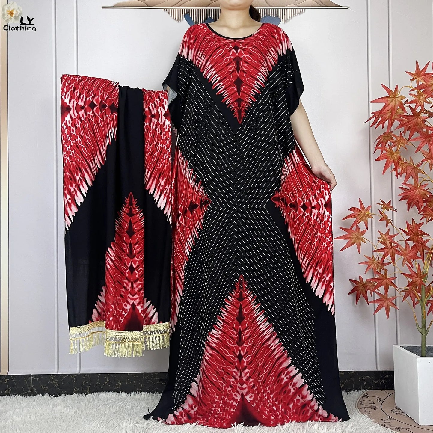 Maxy New Muslim Women Dashiki Printed Dress Flower Diamonds Loose Dress With Big Scarf Islamic African Women Short Sleeve Abaya