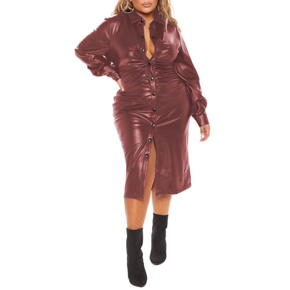 Maxy Plus Size Office Ladies Long Sleeved Dress Matte PU Leather Solid Color Lapel Button-Up Midi Dress Chic Elegant Women's Dresses