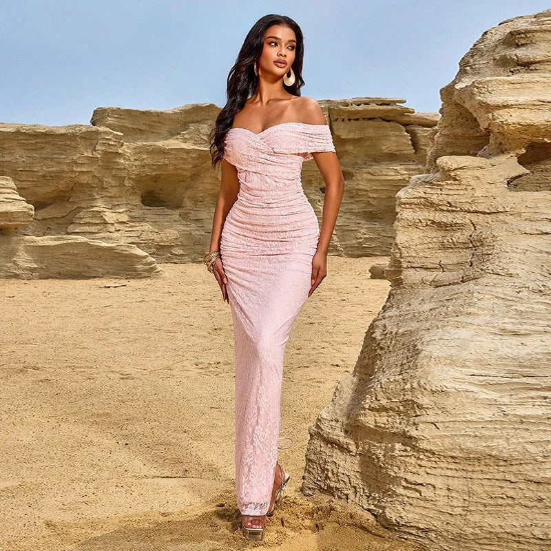 Maxy Chic Elegant Women Lace Evening Dresses Off-shoulder Pink Famale Mermaid Split Night Prom Formal Gowns For Party