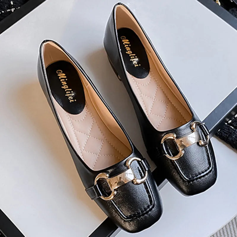 Amay New Women Med Heel Square Toe Pumps Office Lady Shoes Big Gold Metal Chain Soft Soles Slip on Leahter Shoes