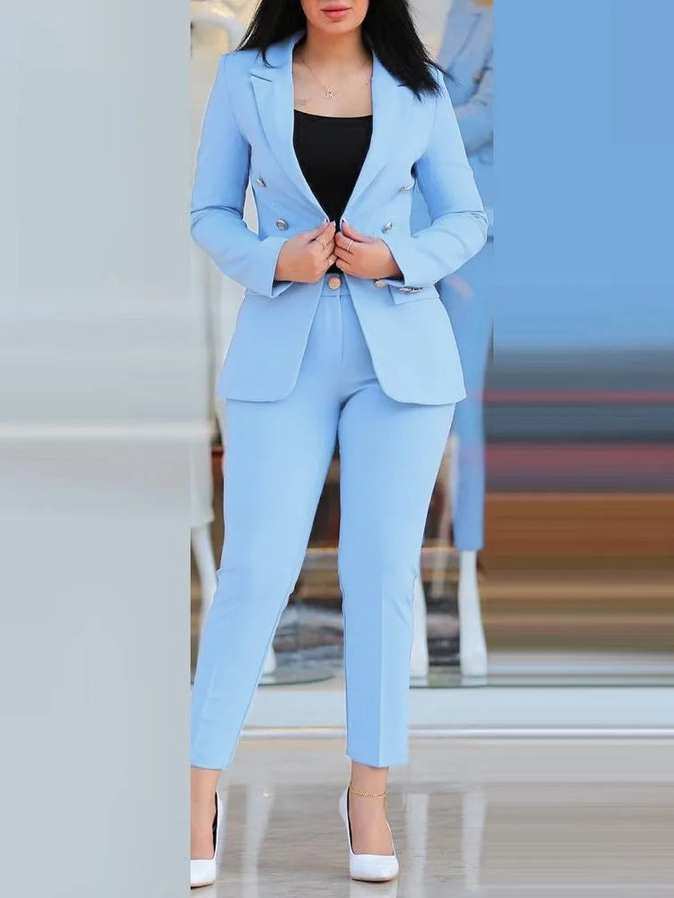 Maxy Elegant Office Lady Two Piece Sets New Autumn Winter Women Fashion Notched Neck Long Sleeve Blazer & High Waist Work Pants Suit