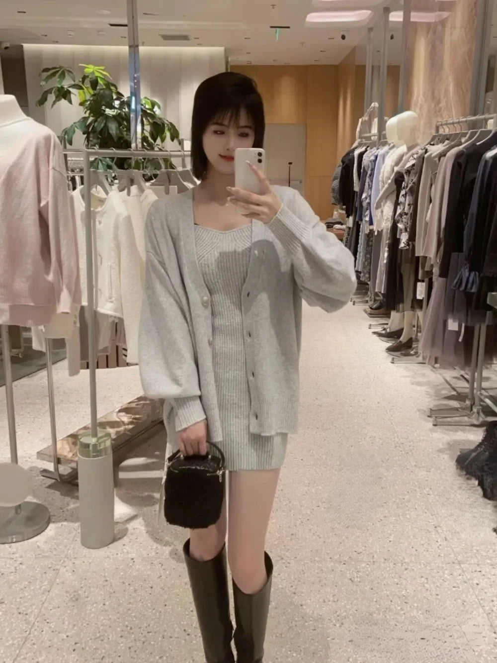 Maxy New Slim Fit Knit Elegant Sets Dress+v Neck Single Breasted Lantern Sleeve Cardigan Japan Spring Casual Suits Robe