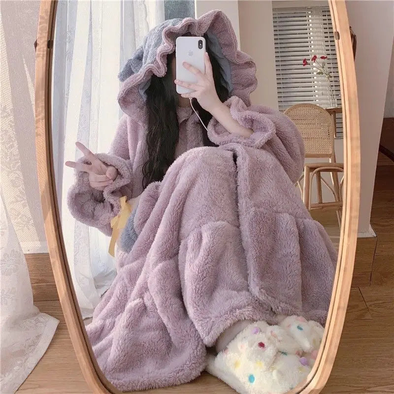 Maxy Ruffles Robe Women Sleepwear Hooded Nightdress Winter Fleece Pajama Night Wears Warm One Piece Nightgown Button Homewear