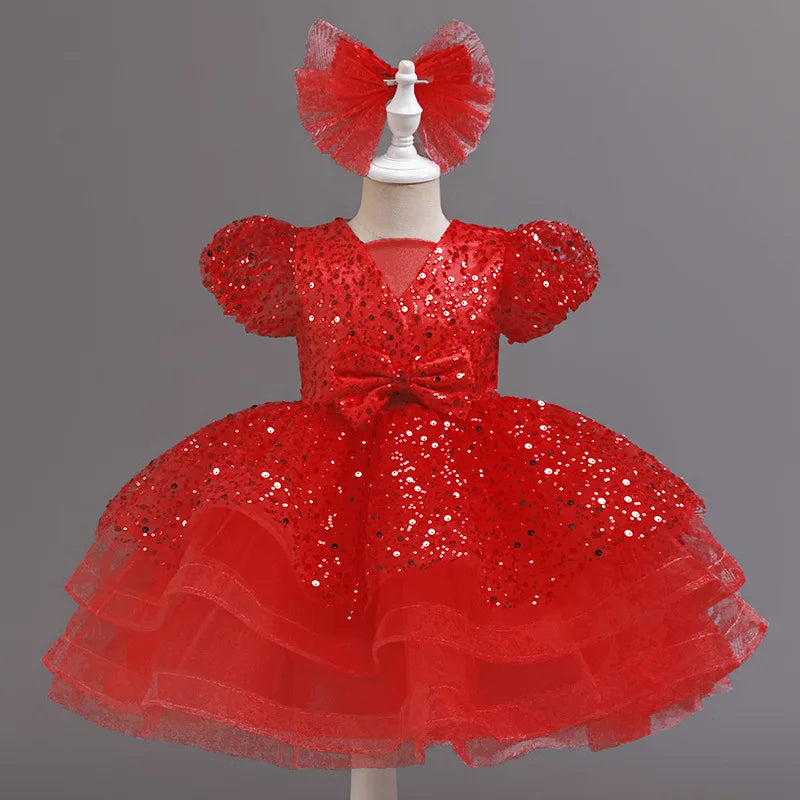 Maxy Luxury Western Girl Sequenant Dress Bubble Sleeve Vedic Princess Skirt 2-10 Birthday Party Evening Dress Summer Girl's clothes