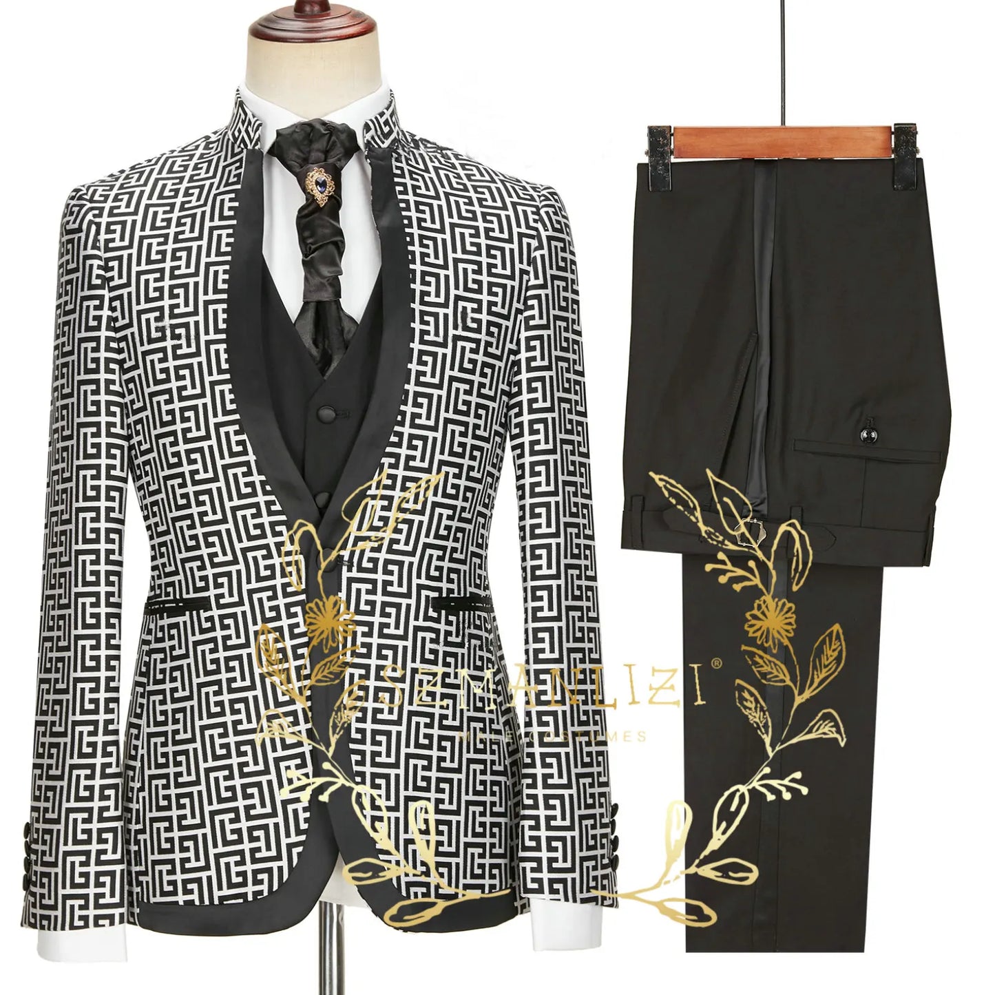 Visco Handsome Blue Gold Floral Rim Stage Men Suit Set Stand Collar Men's Suits (Jacket+pants+vest)