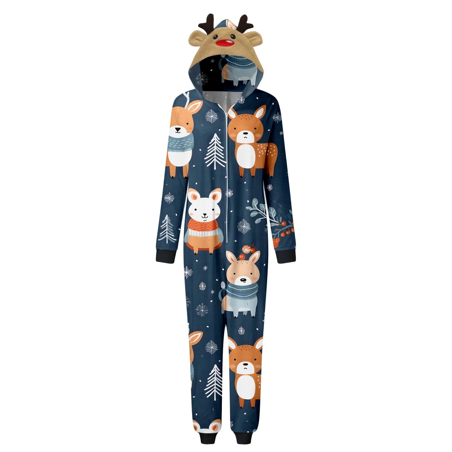 Christmas Long Sleeve Cute Deer Head Men Hoodie Jumpsuit Soft Zipper Romper Sleepwear Holiday Family Matching Pajama Set Family