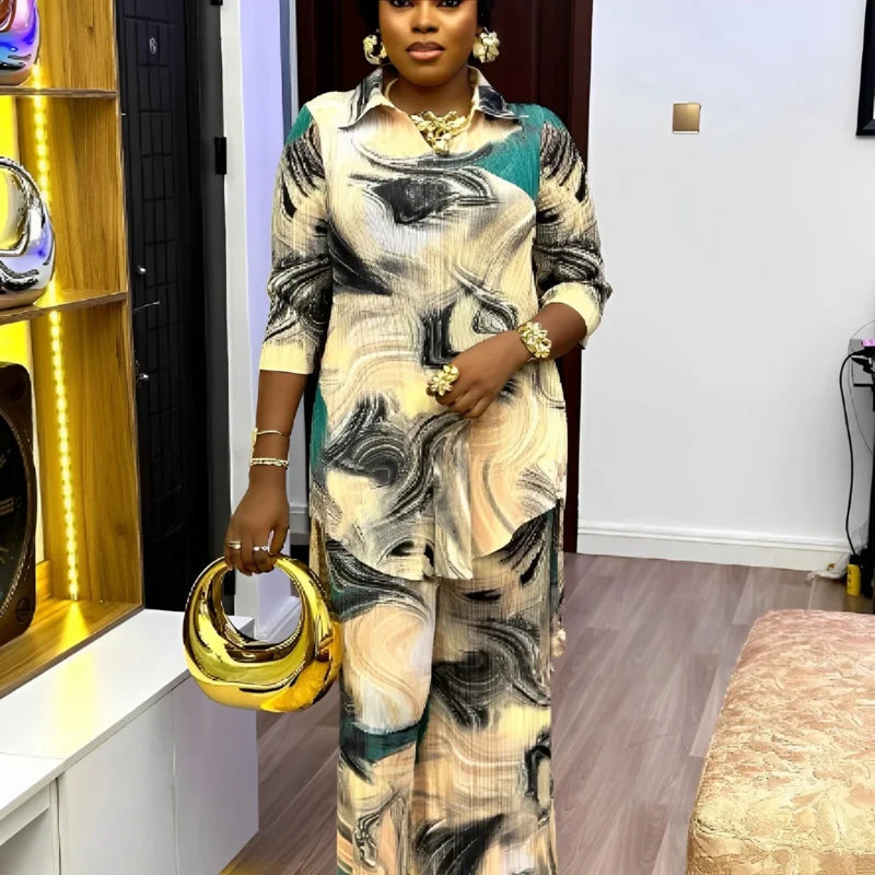Babs Dress Pleated Lapel Contrast Printing Long Sleeve Straight Pants Temperament Plus Size Womens Pants Suit