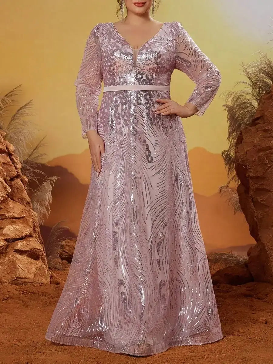 Maxy New Arrival V Neck Noble Large Size Evening Gown Dress Sequin Belt Long Dress