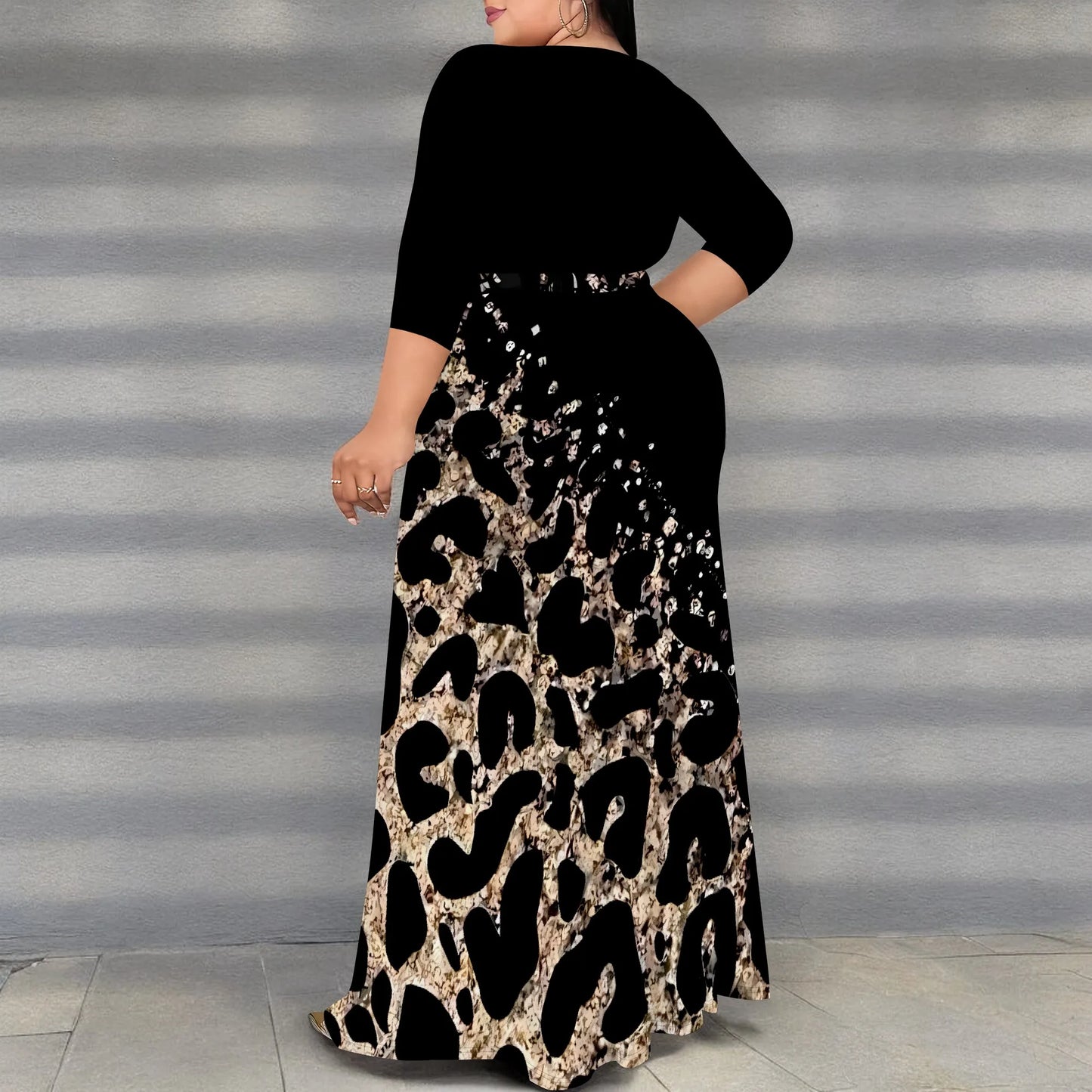 Maxy Plus Size V-Neck Wrap Dress with Gold Leopard Print Split Hem Elegant Party Dress for Women