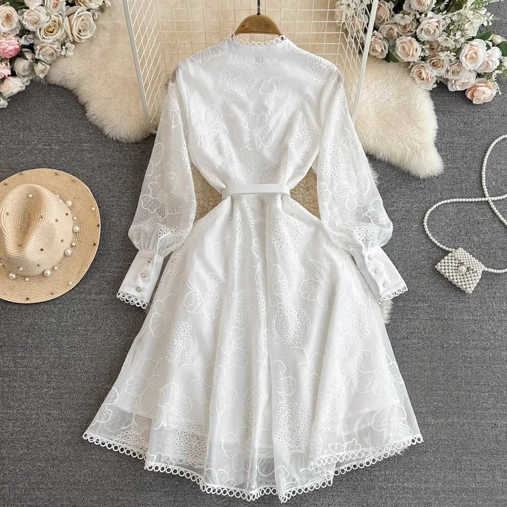 Amay Luxury Vintage Women Embroidery Lace Hollow Out Spring Summer Stand Collar Lantern Sleeve Pearls Buttons Belt Party Evening Dres