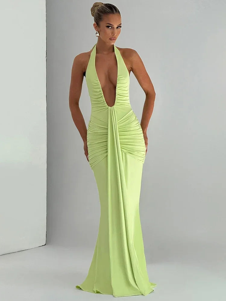 Maxy Deep V Neck Backless Sexy Maxy Dress Women Gown Summer Halter Sleeveless Draped Club Party Long Dress