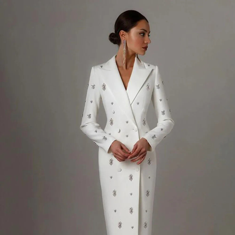 Maxy Handmade Beaded Women Suit Jacket Long Double-Breasted Coat Long Plus Size Bride Of Mothe Dress 1 Piece Ladies Business Blazer