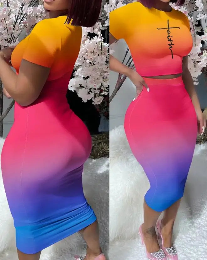 Maxy Fashion Skinny Party Two Piece Set Women Outfit Summer Light Pink Short Sleeved Top & Tight Fitting Mid Length Skirt Sets