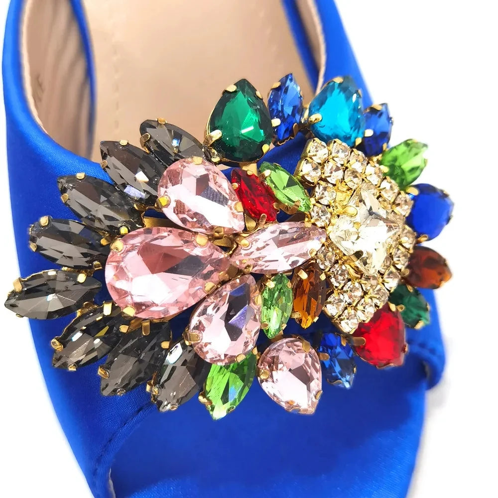 Maxy Latest Summer Women's Shoes High-Heels Sandals Italian Design Rhinestone Blue Color Shoe and Bag set for Party in Ladies