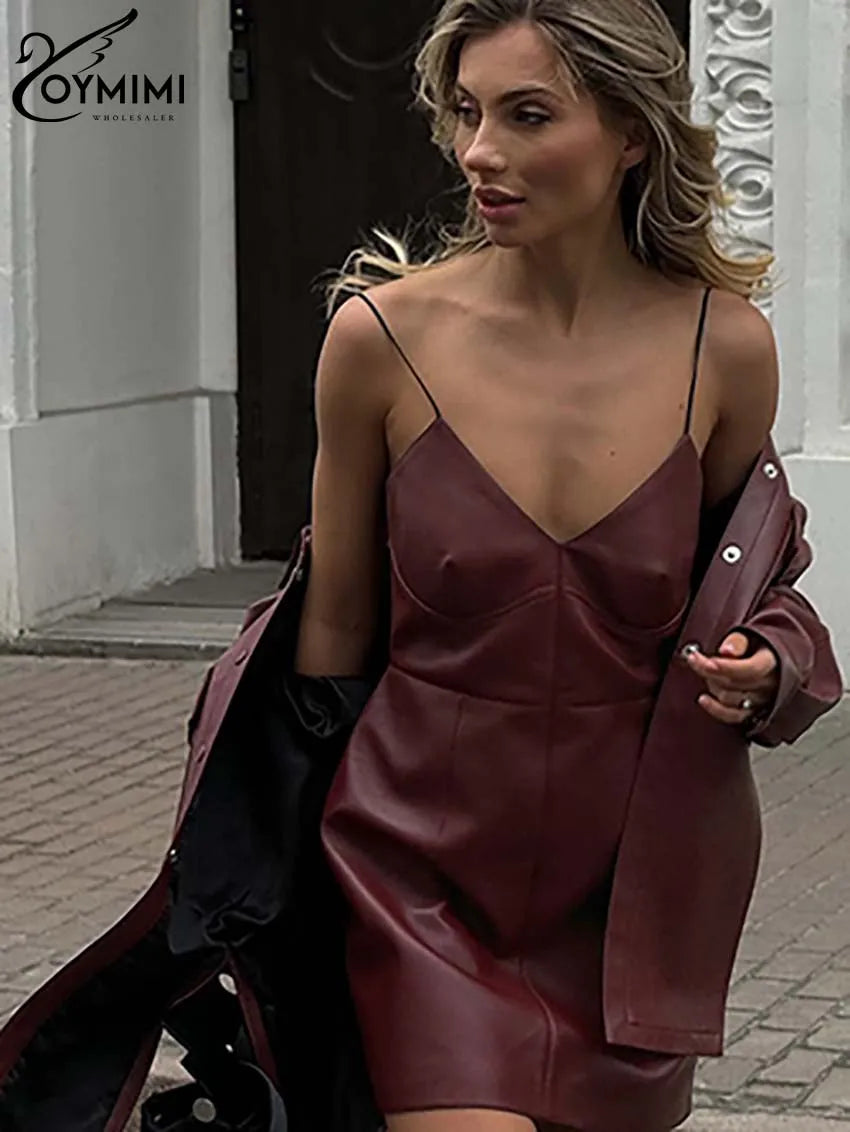 Maxy Ommi Fashion Wine Red Pu Leather Women's Two Pieces Set Elegant Long Sleeve Button Shirts And Spaghetti Strap Mini Dress Sets