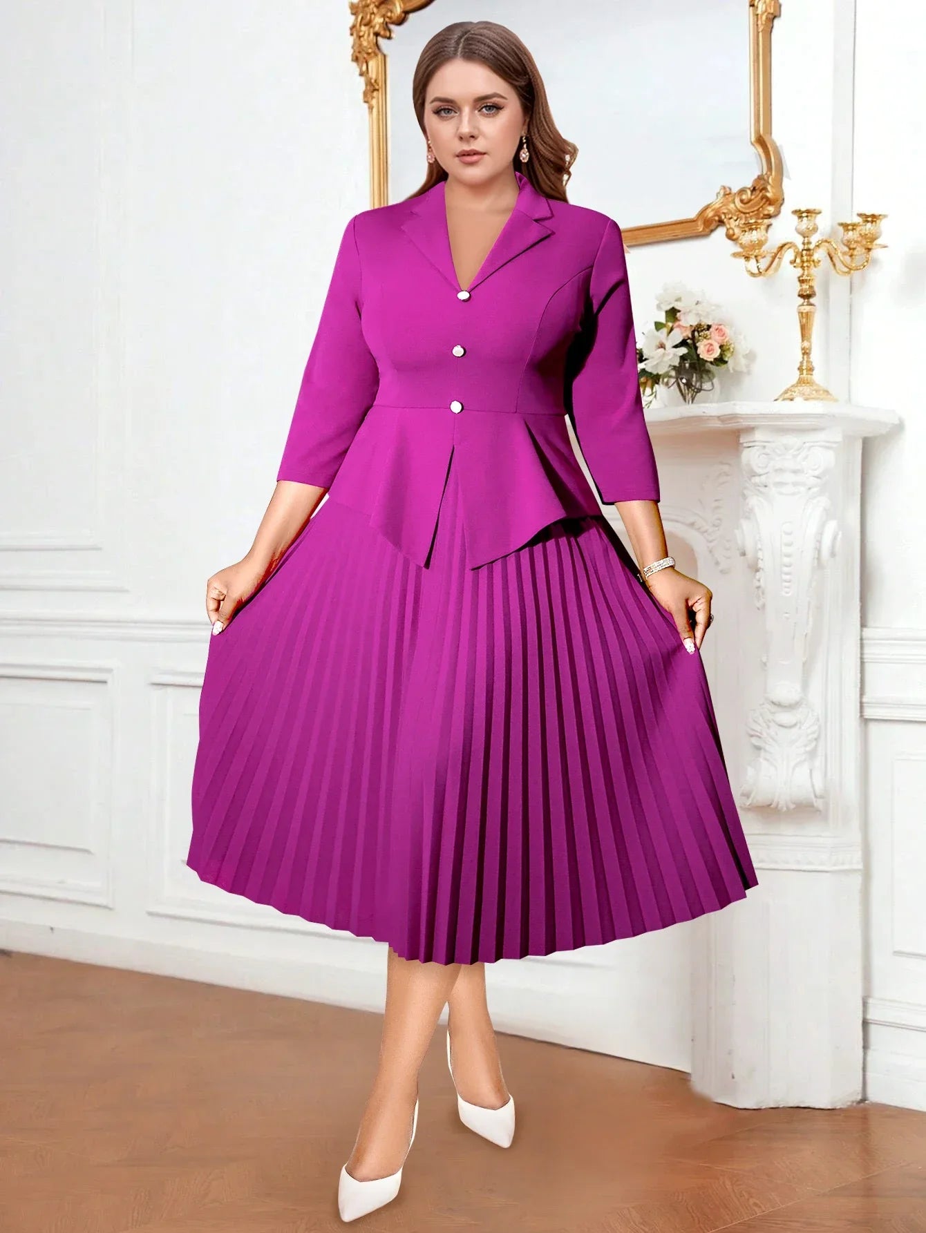 Maxy Classic Women Formal Office Work Pleated Dress Lapel 3/4 Sleeve Button Up High Waist Elegant A-Line Work Daily Clothing New