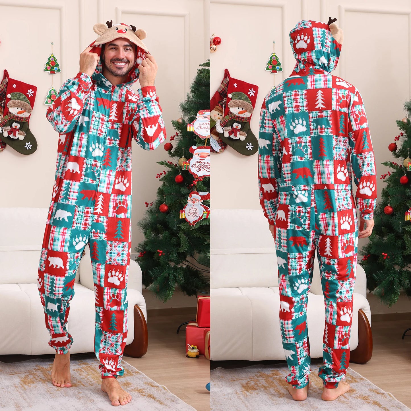 Family Christmas Pajamas Long Sleeve Christmas Tree Print Hooded Jumpsuit Sleepwear