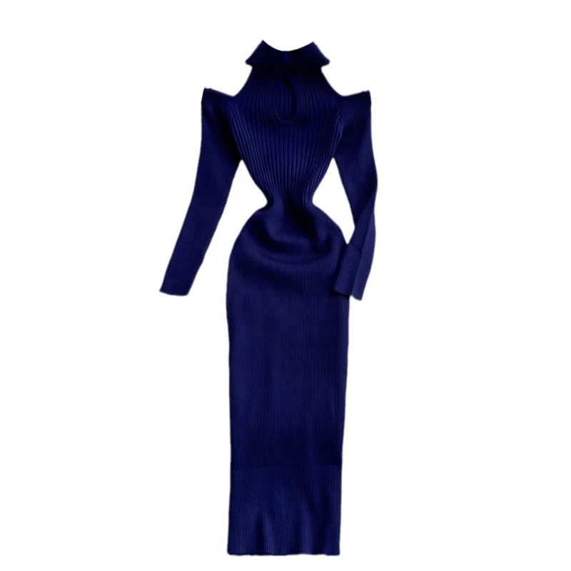 Maxy Vintage Elastic Knitted Dress For Women Autumn New Stand Collar Off Shoulder Slim Wrap Hip Dresses Simple Elegant Long Vestidos