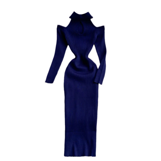 Maxy Vintage Elastic Knitted Dress For Women Autumn New Stand Collar Off Shoulder Slim Wrap Hip Dresses Simple Elegant Long Vestidos