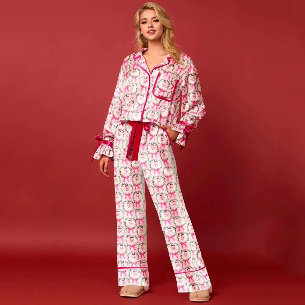 Women Pajama Set Women Lounge Set Festive Santa Print Christmas Pajamas Set with Satin Cardigan Top Wide Leg Pants for New