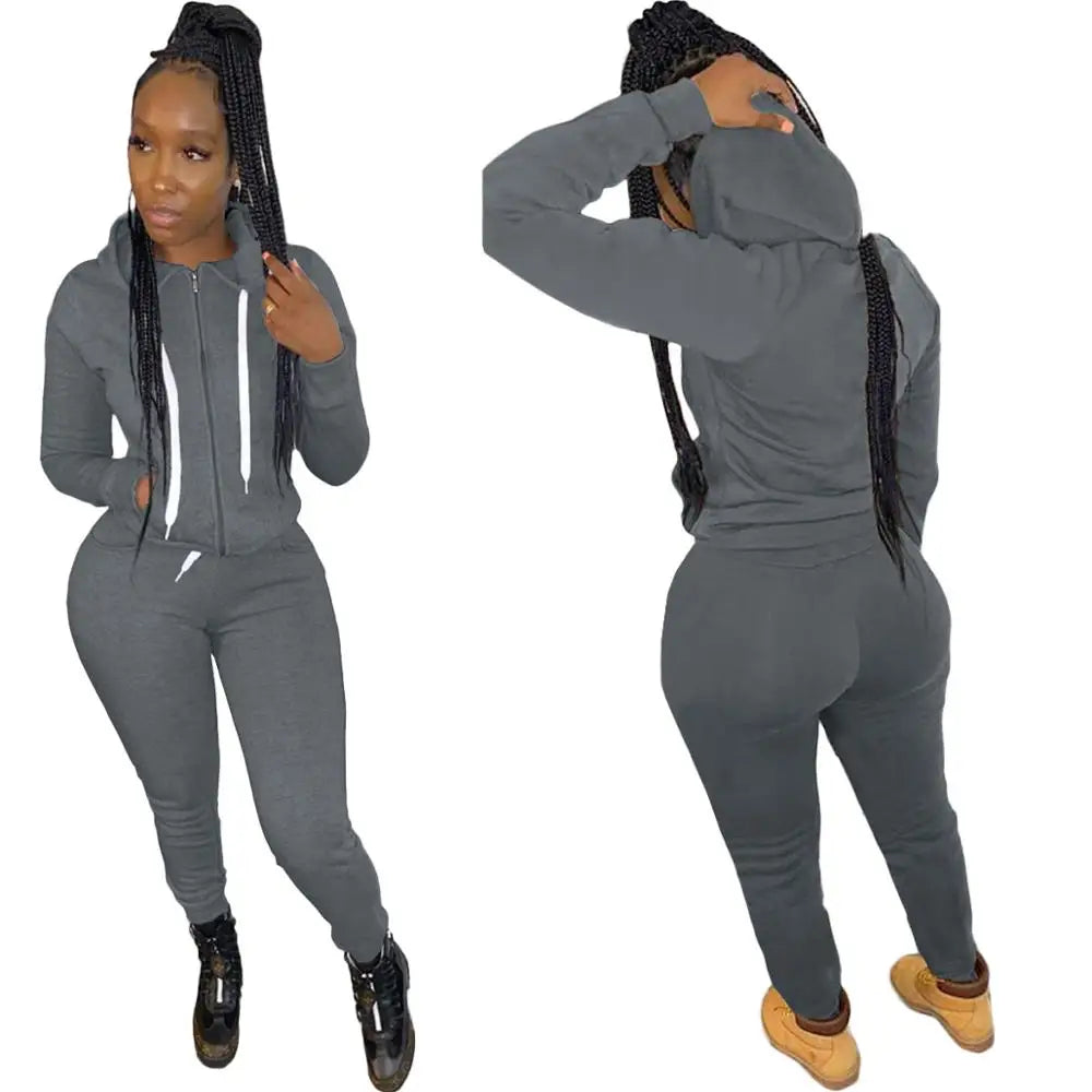 Maxy Fitness Autumn Winter Activewear Two Piece Sets Solid Long Sleeve Drawstring Hodie Sweatshirt Pants Sets Joggers Sport Tracksuit