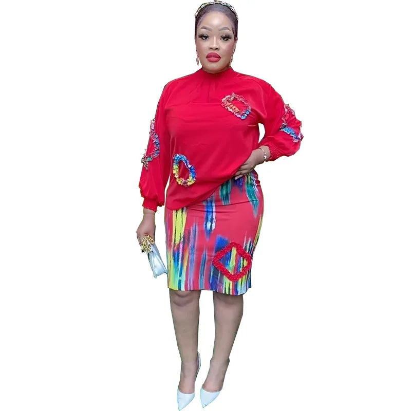 Summer Casual 2 Piece Women Dress Sets Fashion Long Sleeve Top And Short Skirt Suit Elegant Lady Print Dashiki African Clothes