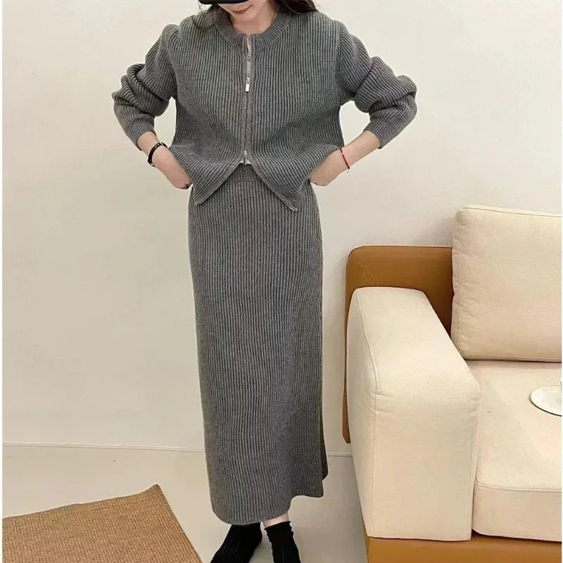 Amay Fashionable Women's Double Zipper Woolen Dress Two-piece Set Casual Loose Autumn and Winter New Half Skirt Knitted Cardigan