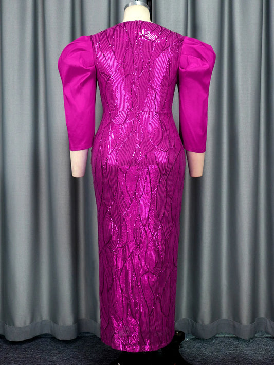 Babs Luxury Sequin Fuchsia Women Event Dress O Neck Mesh Patchwork Puff Sleeve Bodycon Stylish Long Formal Party Evening Prom Gowns