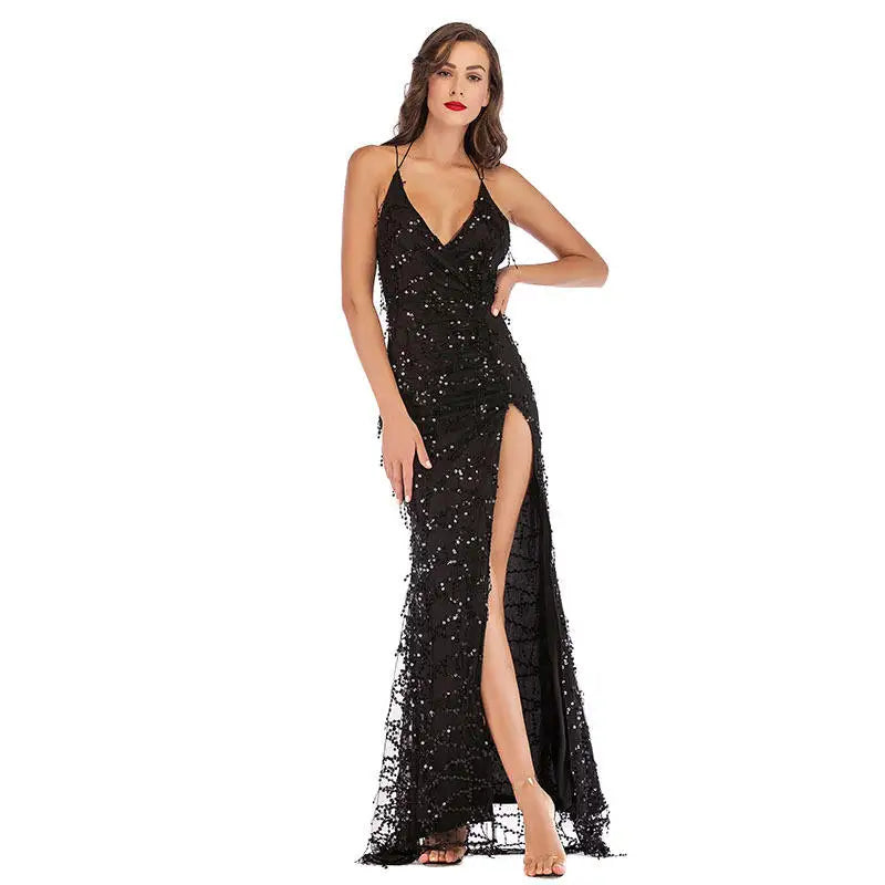 Amay Women Sequin Deep V-neck Party Dresses High Split Spaghetti Strap Long Gowns Women Evening Dress Prom