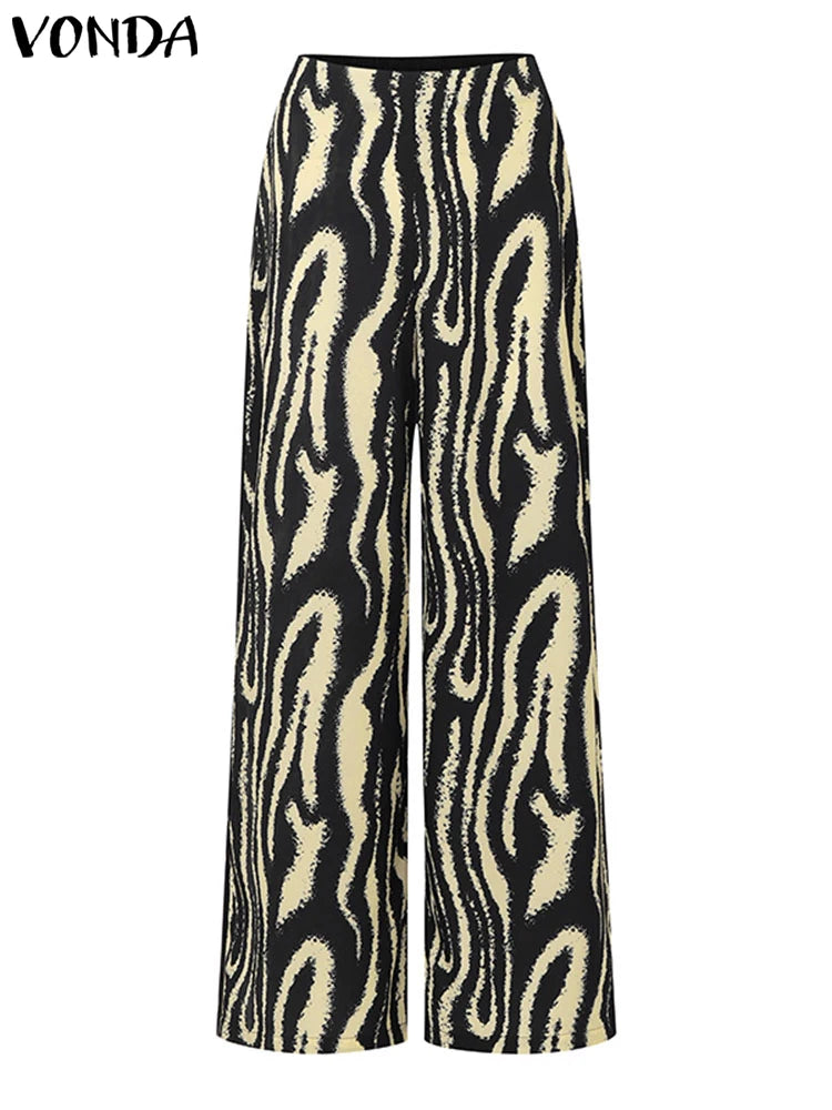 Maxy Plus Size Pant Sets Autumn Zebra-stripe Bohemian Printed 2PCS Long Sleeve Skew Collar Top and High Waist Pants Casual Sets