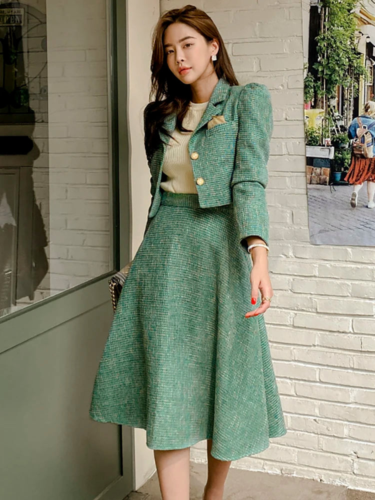 Maxy Women Two piece Set Korean Chic French Temperament V-neck Pearl Button Puff Sleeve Short Jacket + High Waist Swing Skirt Suits