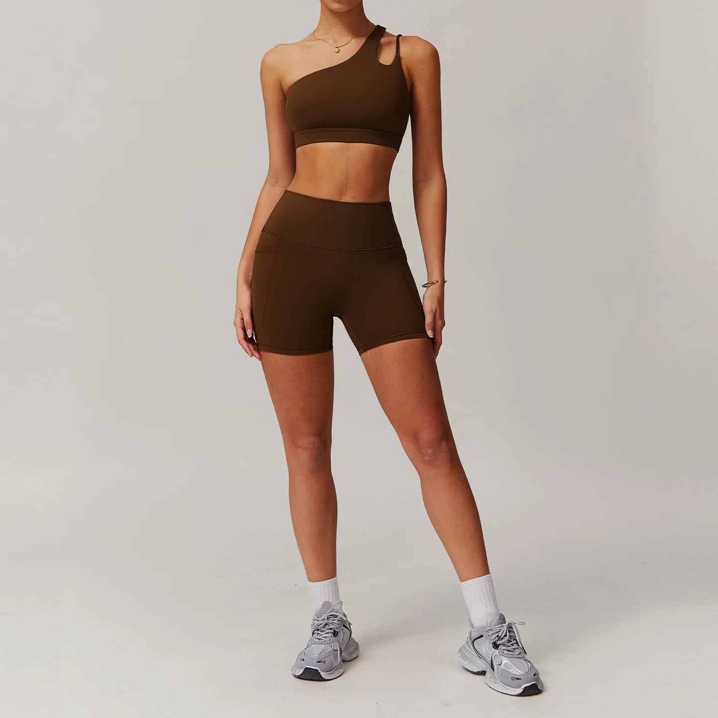 Maxy Sportswear Yoga Set Quick-Dry Tight Suit With Pocket Sports Women Tracksuits Asymmetric Shoulder Running Gym Leggings