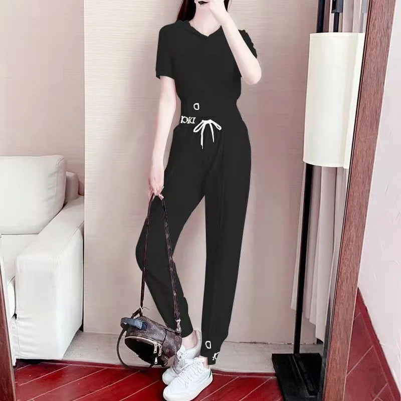 Zay Women's Fashion Tracksuit Spring Summer New and Korean Version Sports Casual Suit Short Sleeve Crop Top Pants Two Piece Set