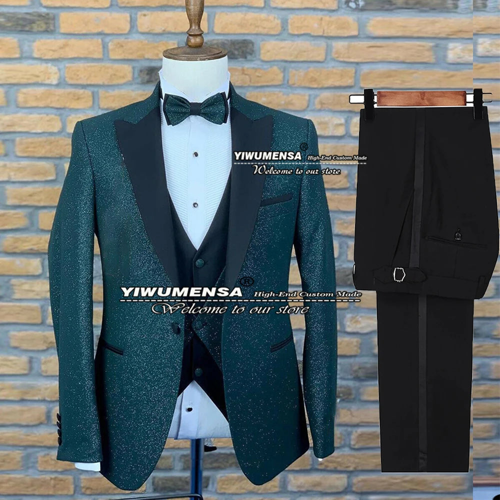 Maxy Spring/Autumn Suits Men Slim Fit Glitter Jacket+Vest+Pants 3 Pieces Formal Bridegrooms Wedding Tuxedo Costume Homme Blazers.