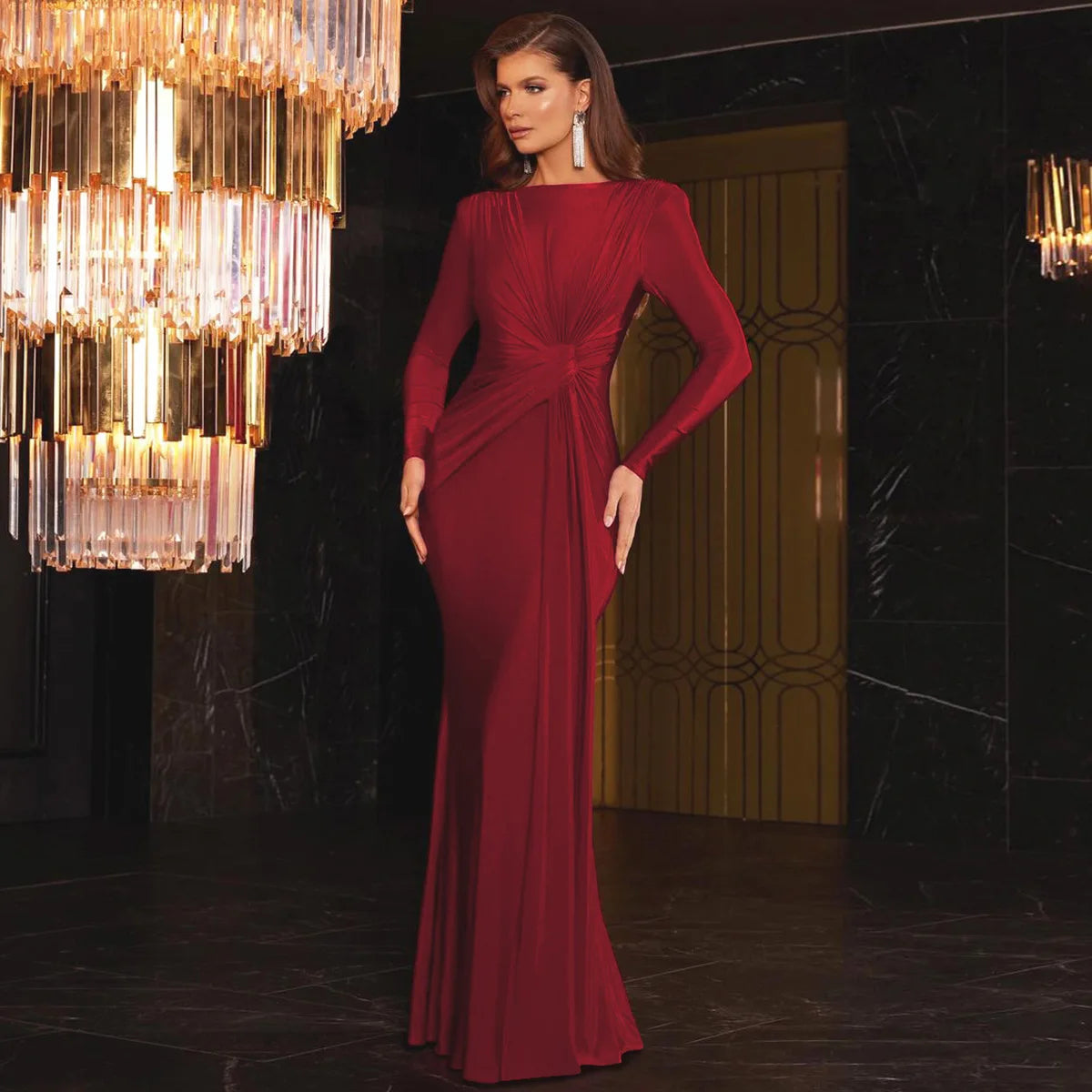 Maxy Ladies Elegant Evening Party Dress Women Long Sleeve O-Neck Ruched Fashion Long Dresses Woman Night Club Streetwear Fall Outfit