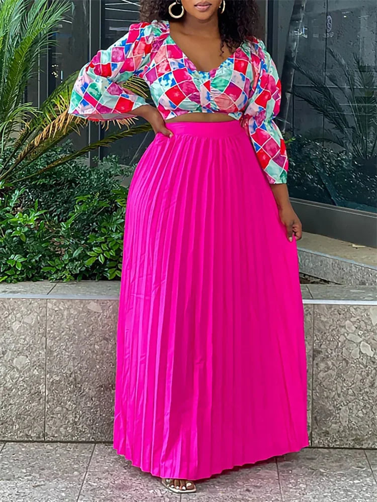 Maxy Women Two Piece Set Fashion Autumn V Neck Long Sleeve Print Blouse Pleated High Waist Long Skirt Elegant Two Piece Suit